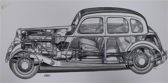 Maximilian Attila Millar, c.1890-1973, ink and wash, cutaway study of a Rover 14 for the Auto Car dated 1938, 36 x 72cm, unframed